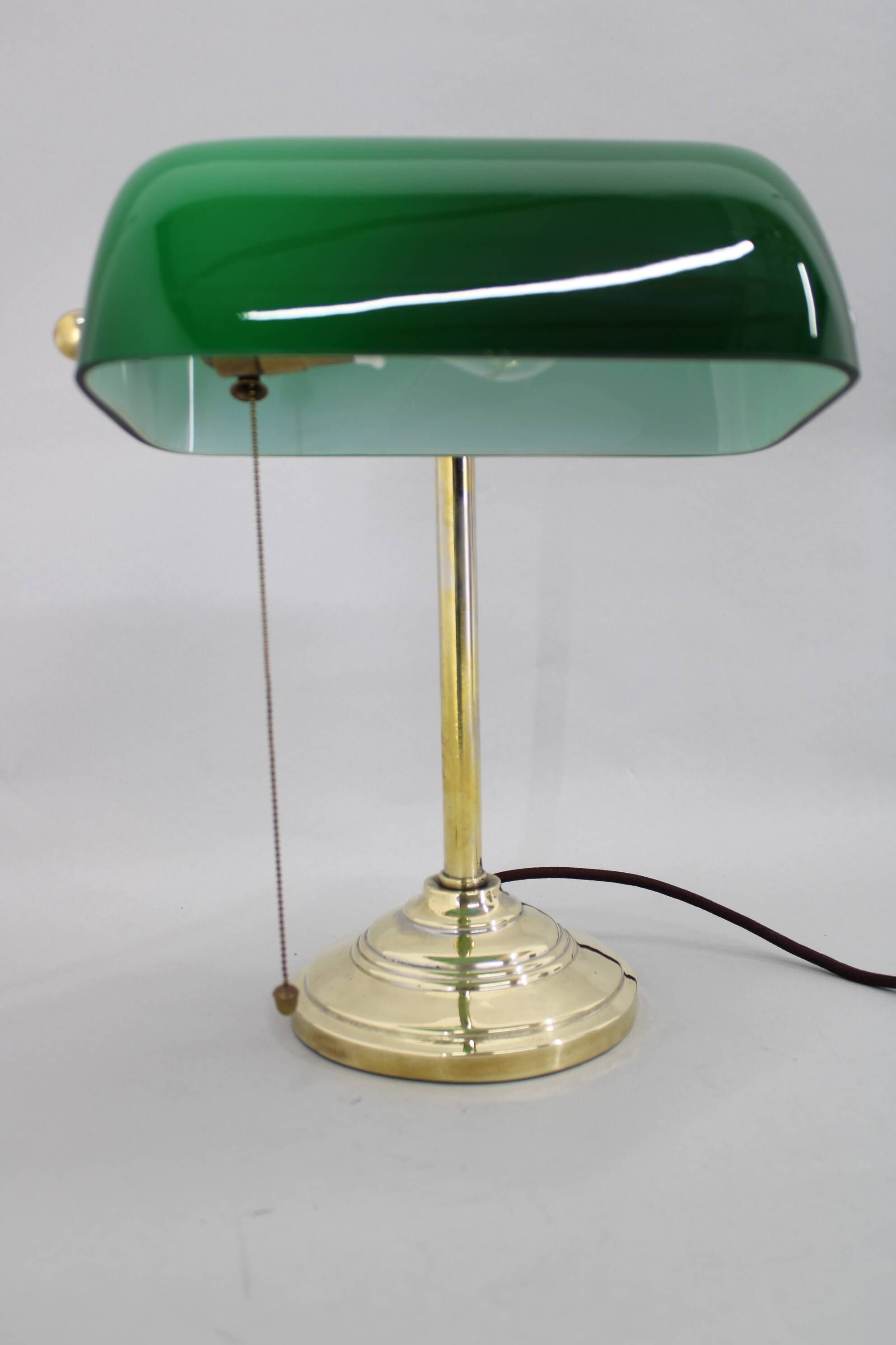 1930s Art Deco Brass  Banker Table Lamp with Glass Shade, Czechoslovakia