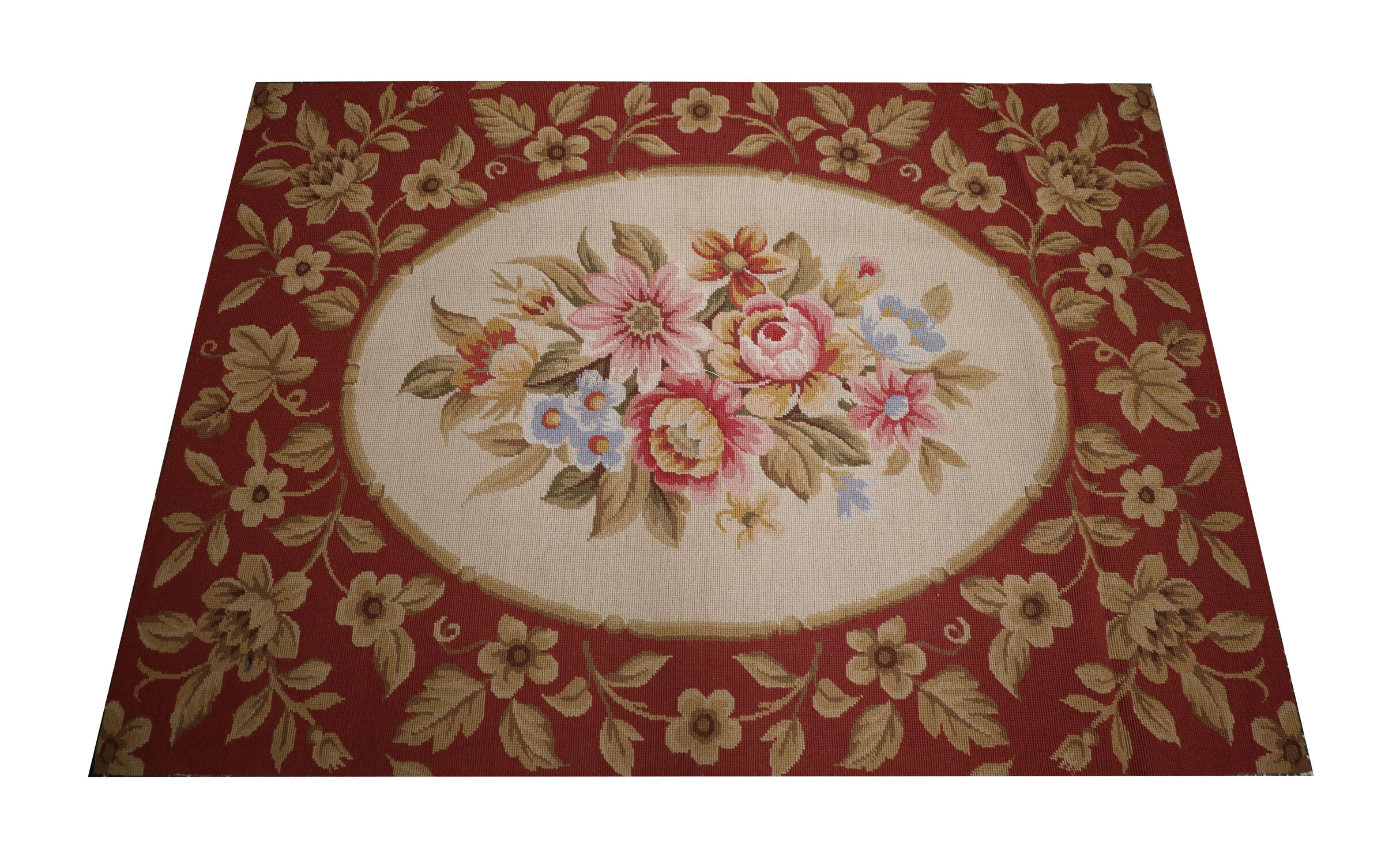 NEW Traditional Floral Needlepoint Rug Handmade Red Cream Wool Area Rug- 91x152cm