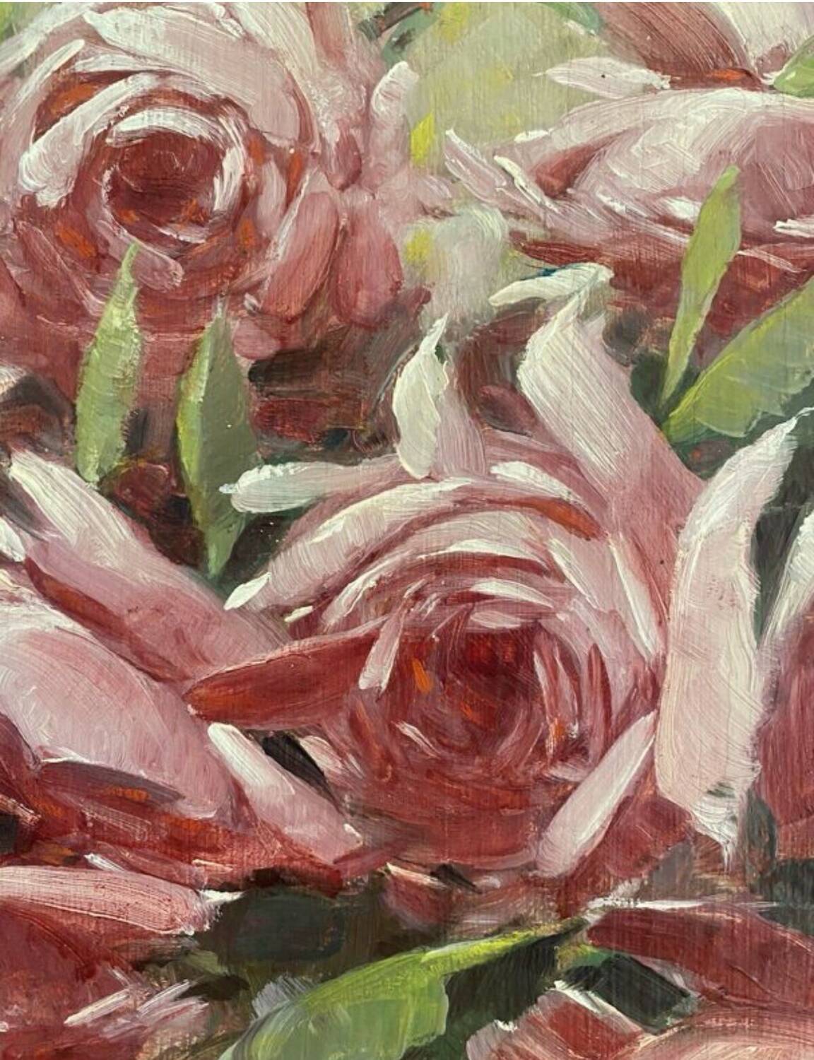 Oil painting on panel of a bouquet of roses signed by Paul Fauvelles 1943.
