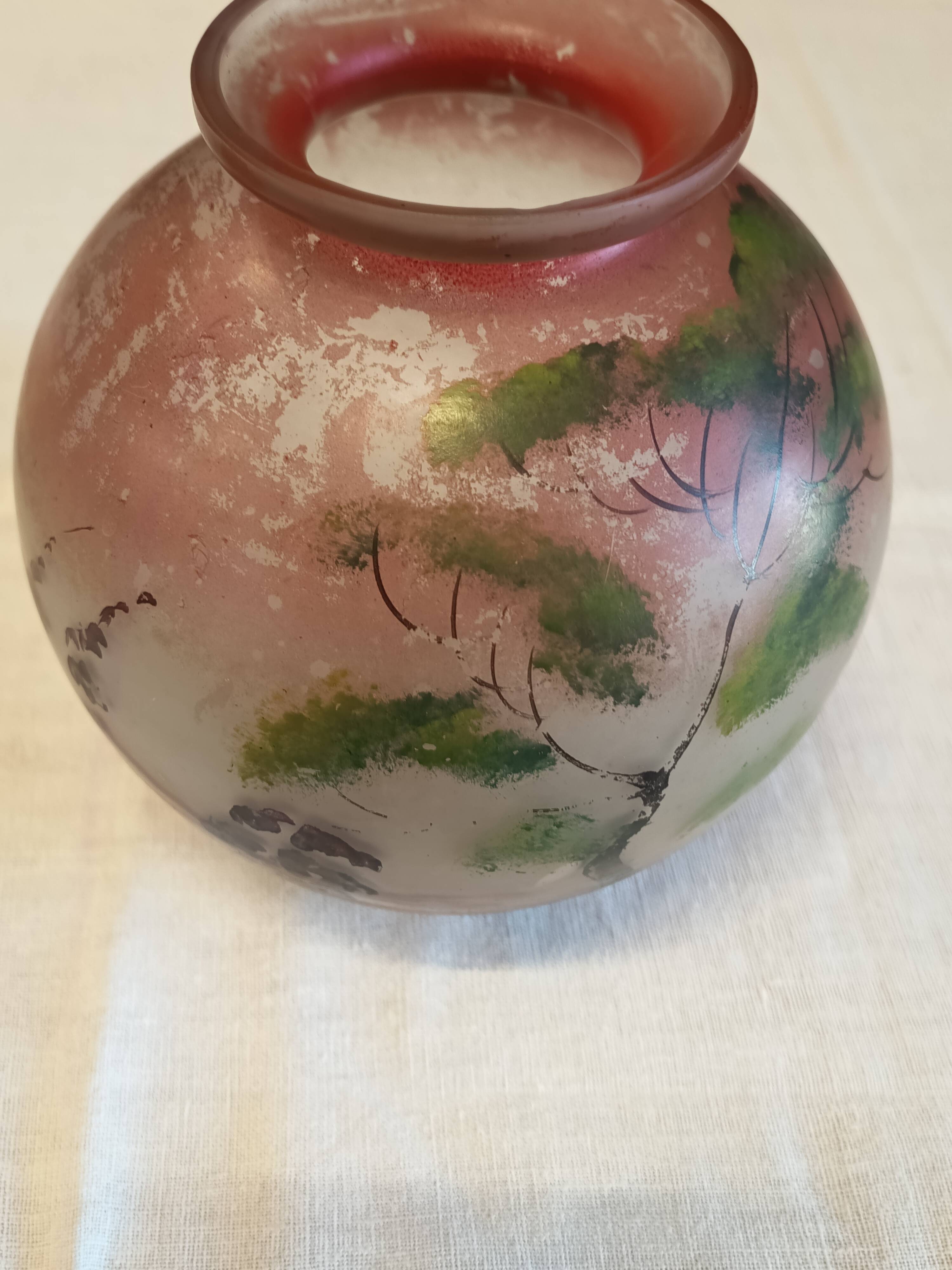 Round glass vase decorated with a landscape according to JS Peynaud.