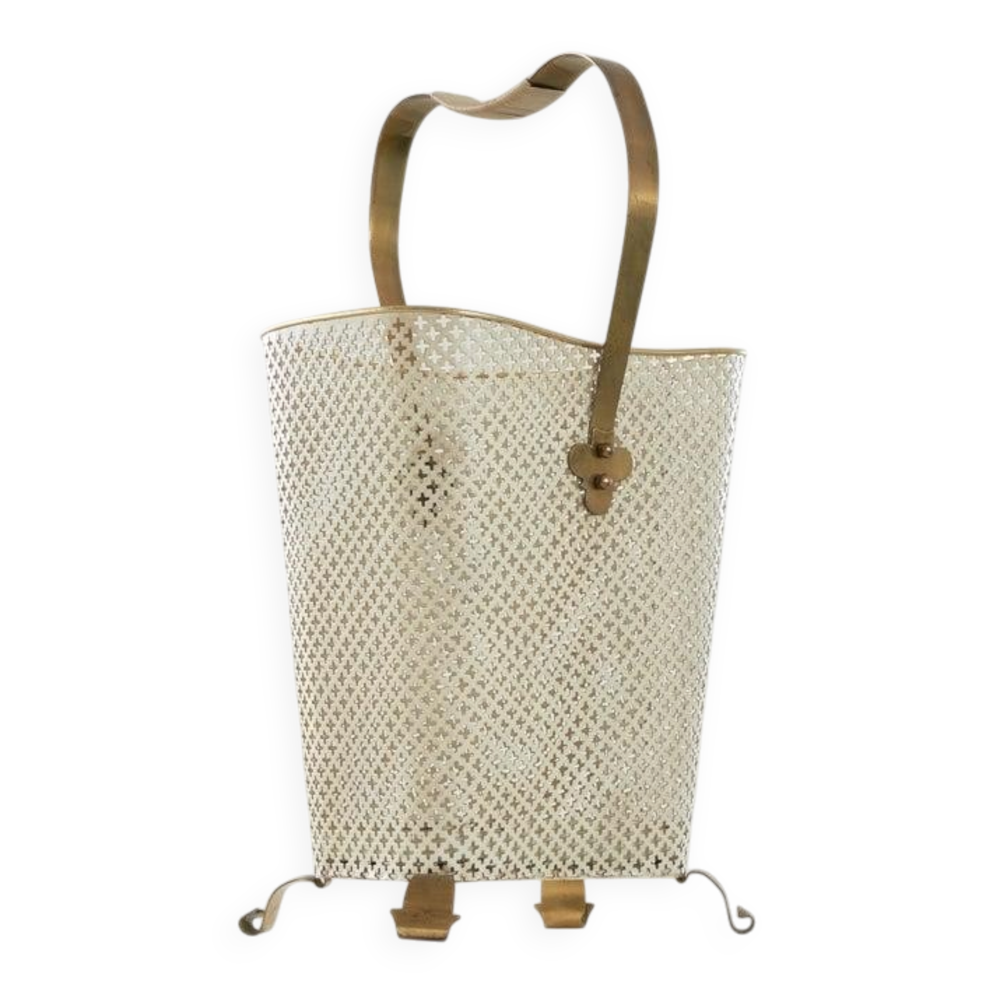 Mid-century umbrella stand in patinated brass and perforated metal, 1950s.