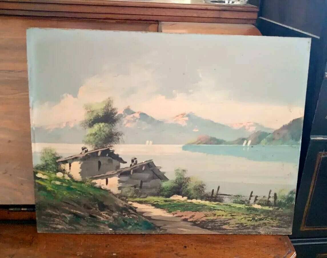 Painting landscape mountain lake Alps signed Pini 1950s