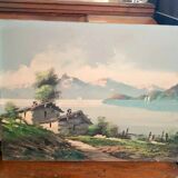 Painting landscape mountain lake Alps signed Pini 1950s
