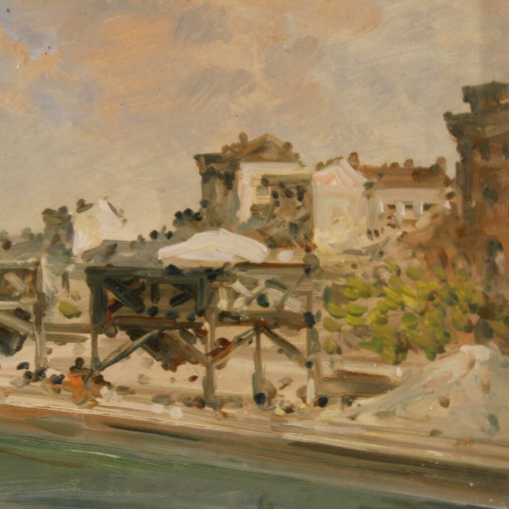 Italian signed landscape painting view of river with boats