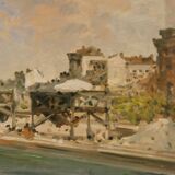 Italian signed landscape painting view of river with boats
