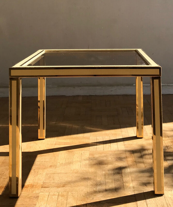 Coffee table in ivory and brass metal and smoked glass, 1970s/80s