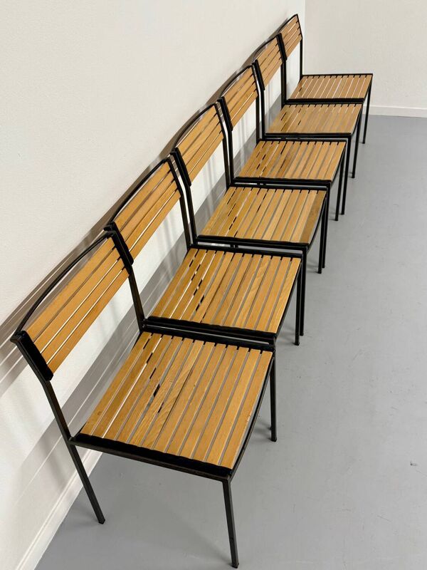 6 anciennes chaises en métal et bois design italien des années 80 vintage