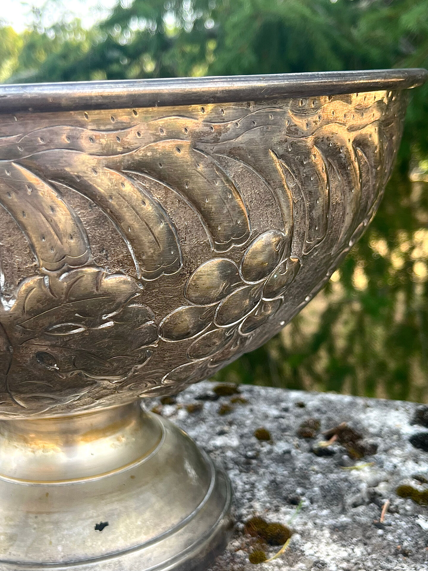 Large silver plated champagne cooler bowl on pedestal with grape