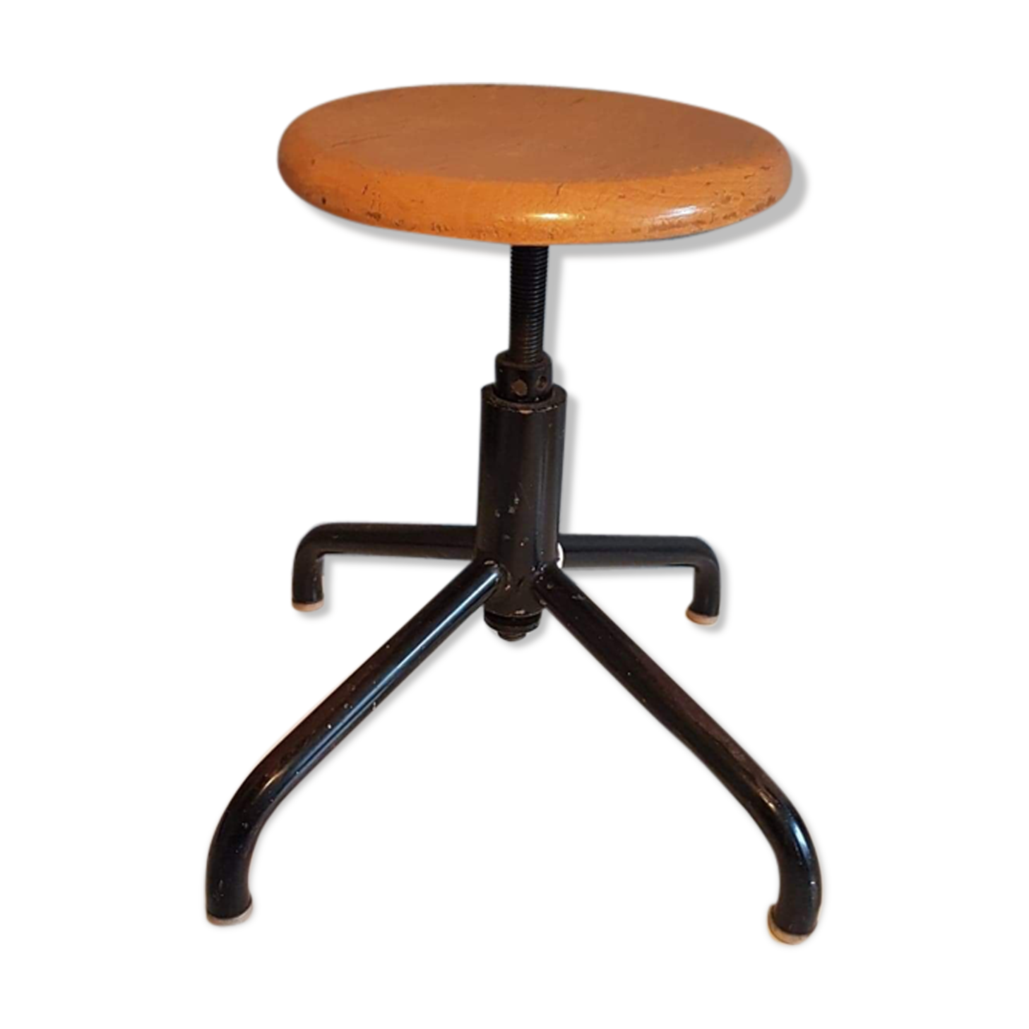 Tabouret d'atelier en bois verni et structure métal noir vintage
