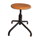 Varnished wooden workshop stool and black metal structure