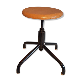 Varnished wooden workshop stool and black metal structure