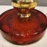 Table lamp from Danish Vitrika in brass, amber colored hard pressed glass, with a shade holder.