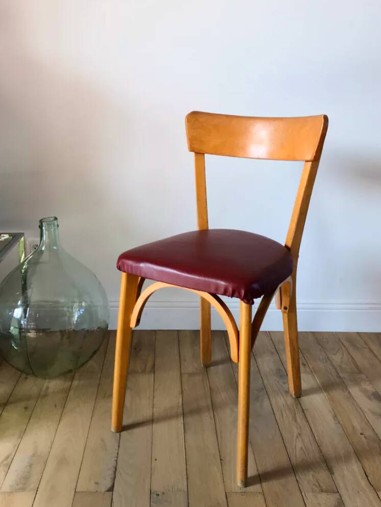Set of 6 Luterma bistro chairs in blond wood and skaï 50s