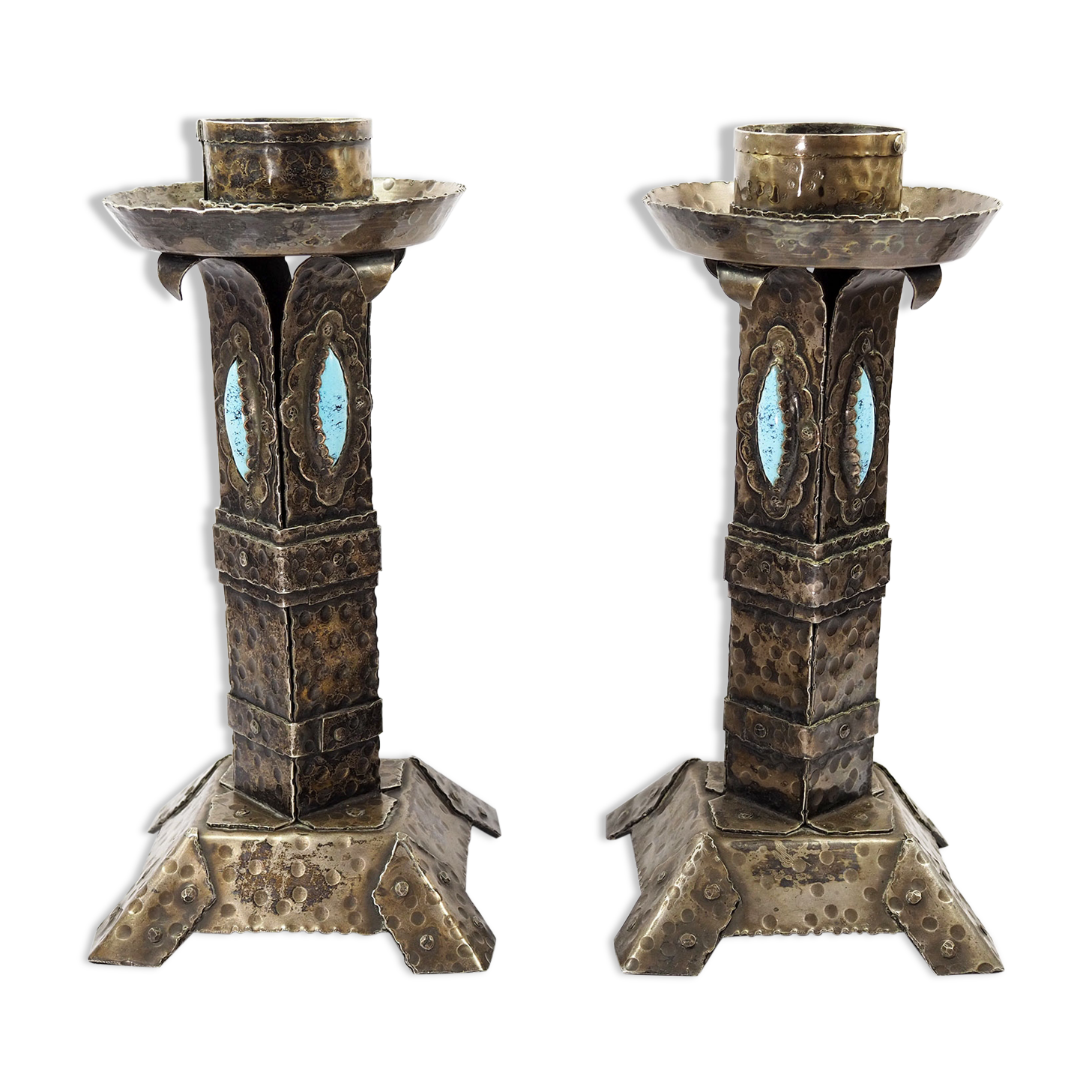 Arts and Crafts Style Forged Metal and Turquoise Glass Candlesticks