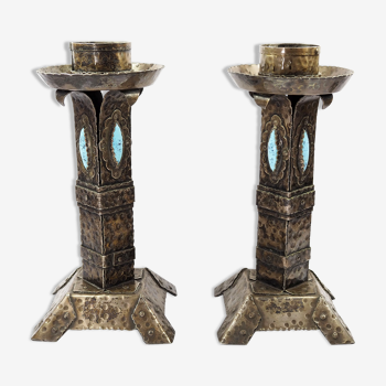 Arts and Crafts Style Forged Metal and Turquoise Glass Candlesticks