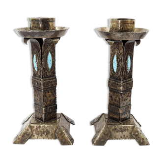 Arts and Crafts Style Forged Metal and Turquoise Glass Candlesticks