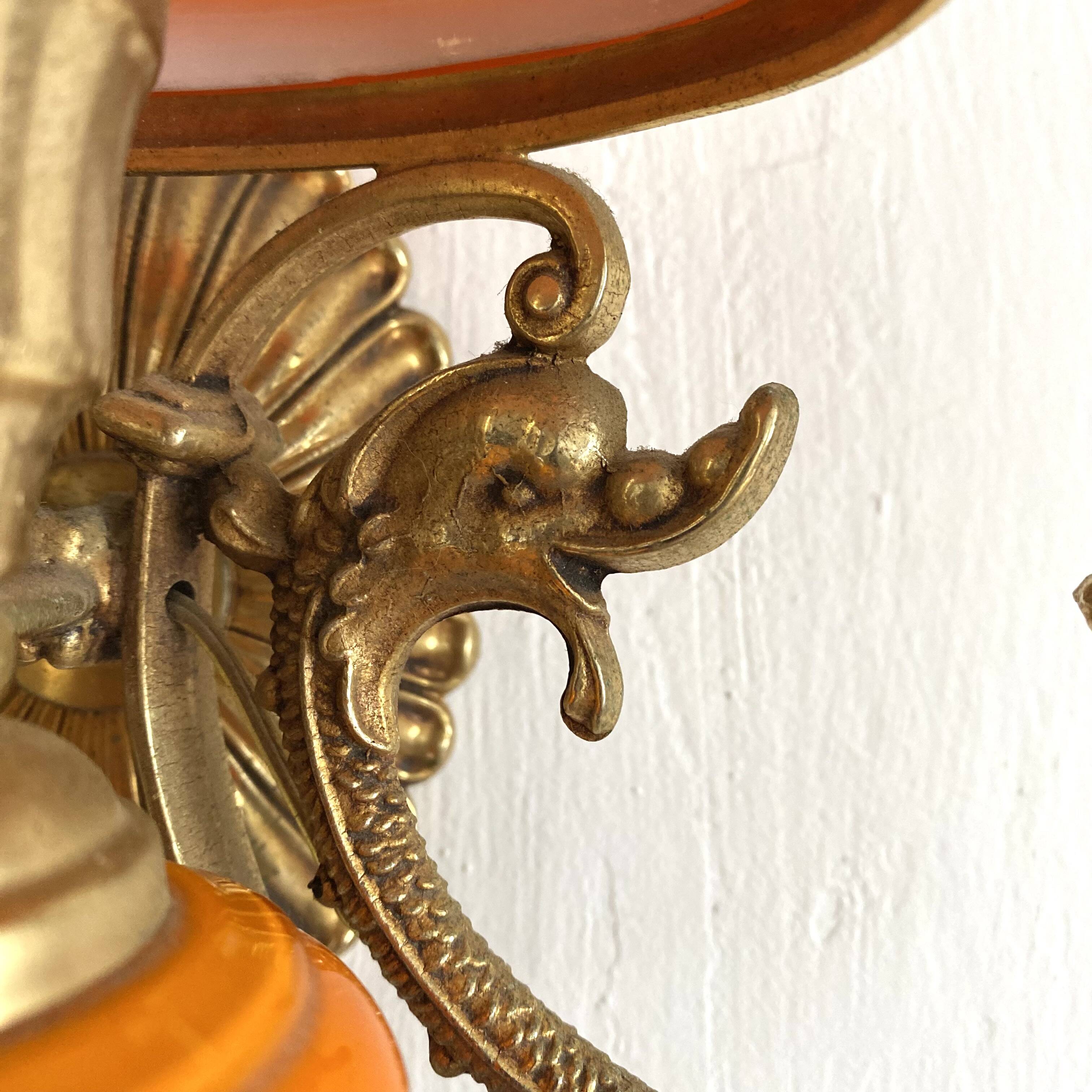 Double wall light in brass and orange opaline, 1960s.