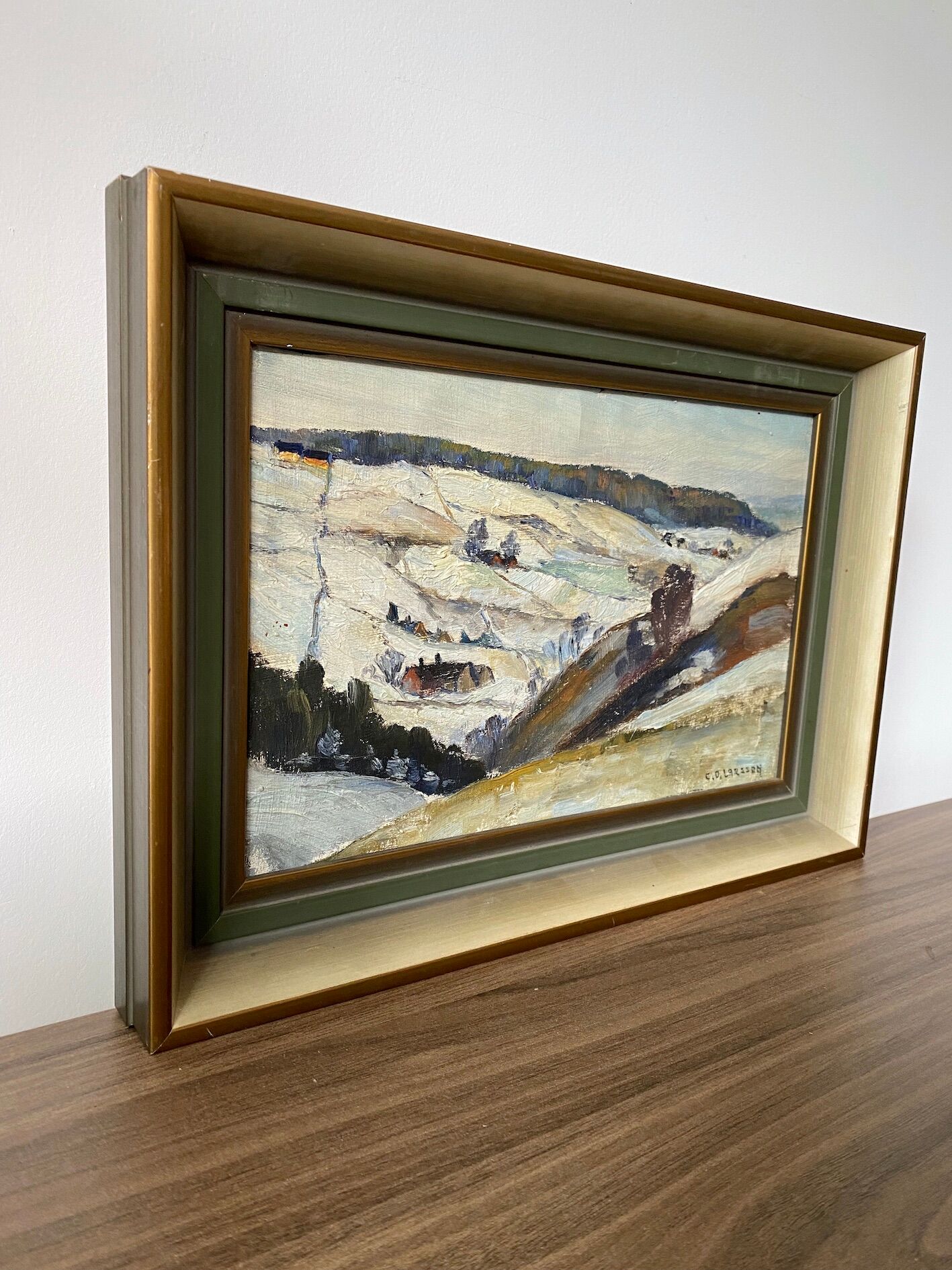 Mid-century modern "mountain views" vintage winter landscape oil painting, framed
