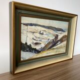 Mid-century modern "mountain views" vintage winter landscape oil painting, framed