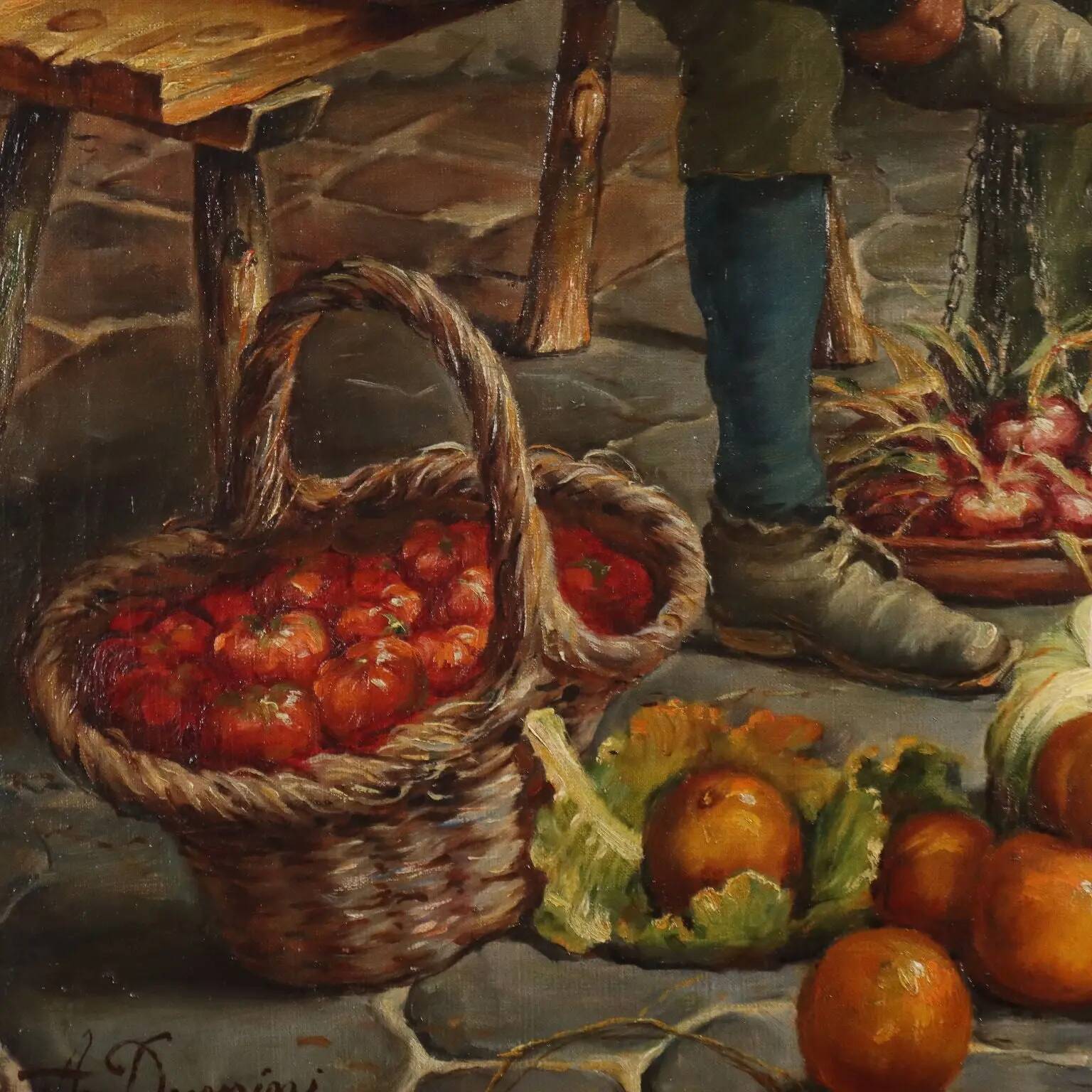 Old painting signed A. Dumini "Preparing for the Market" 19th century
