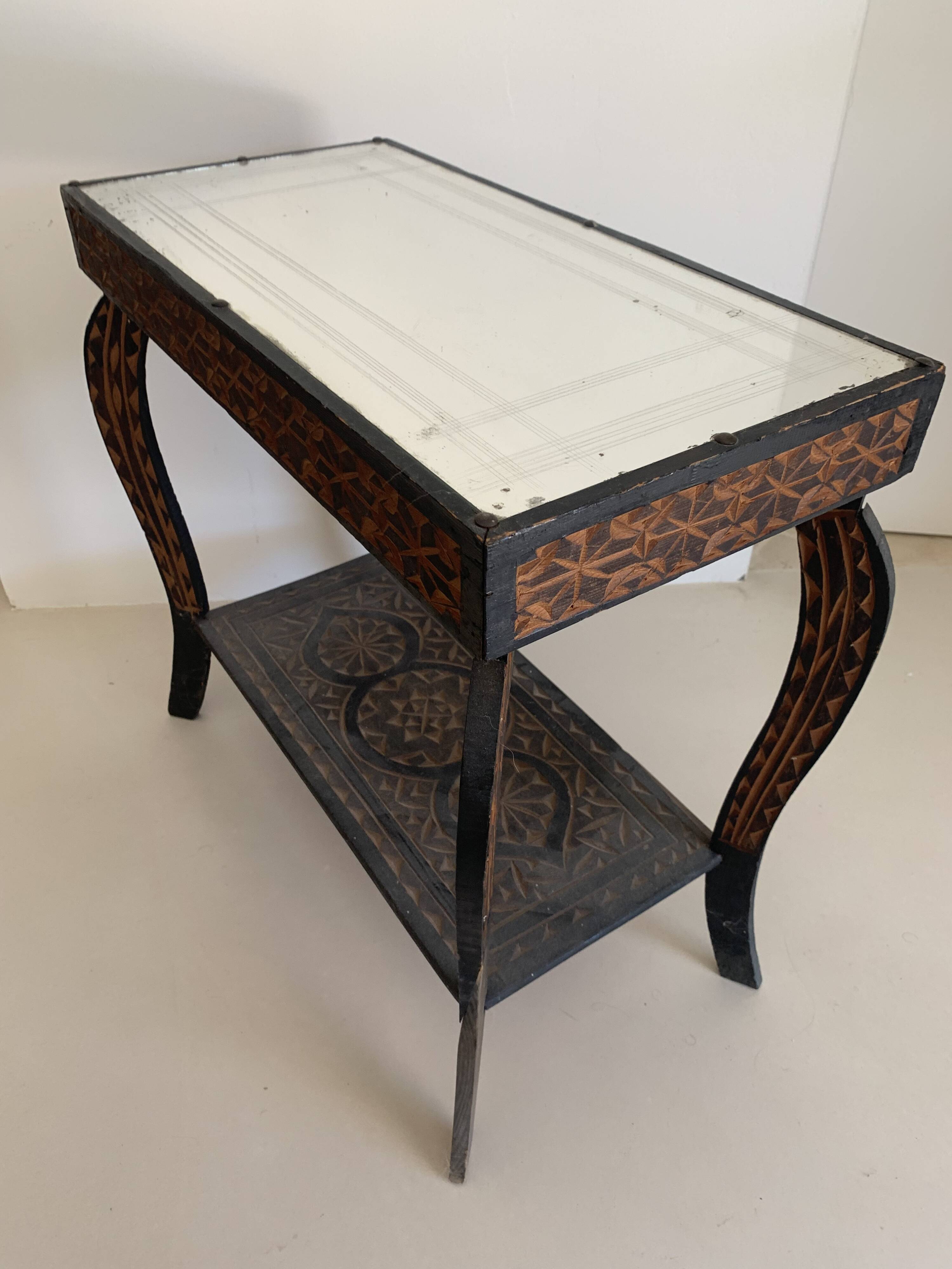 Guéridon vintage 1970 artisanat fait main miroir oriental - 60 x 30 cm