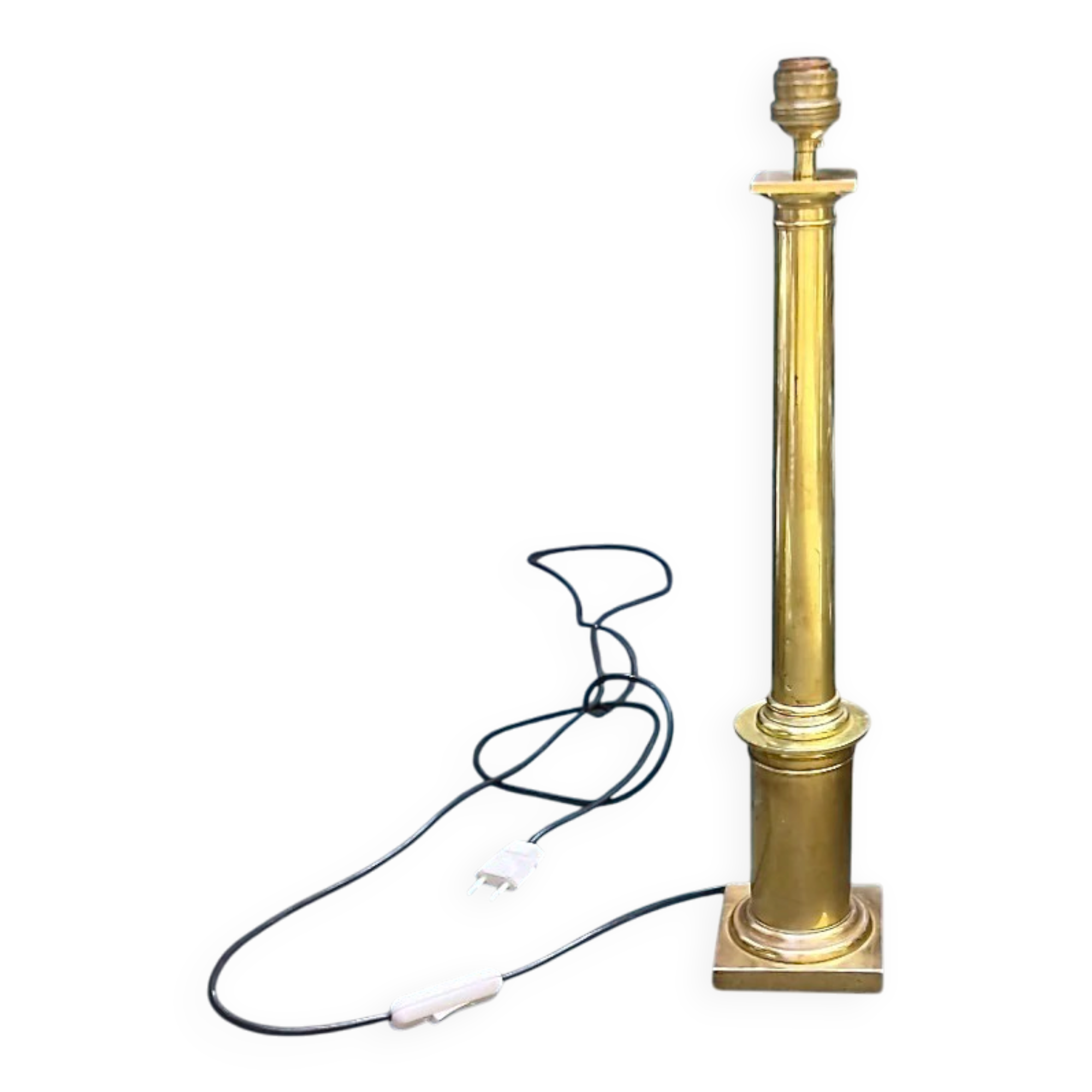Large vintage brass lamp base in neoclassical column style with a copper socket.