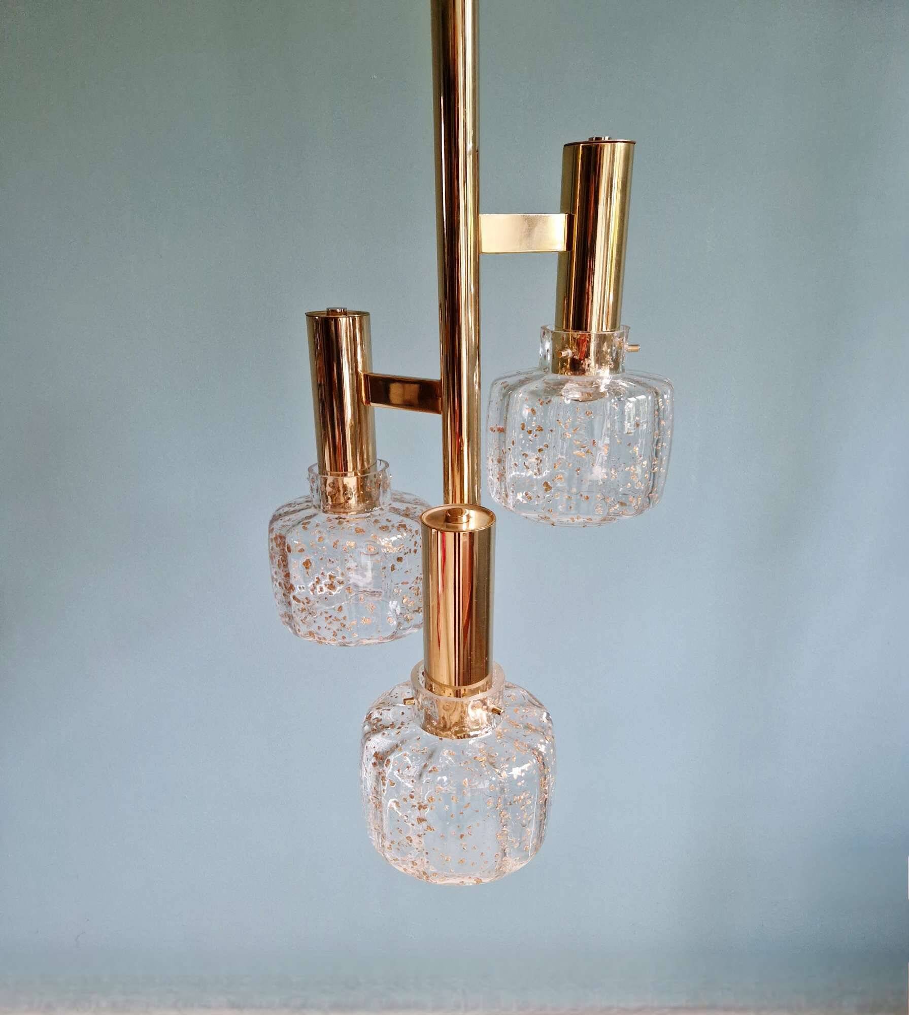 Lustre 3 branches en laiton et verre soufflé, 1970