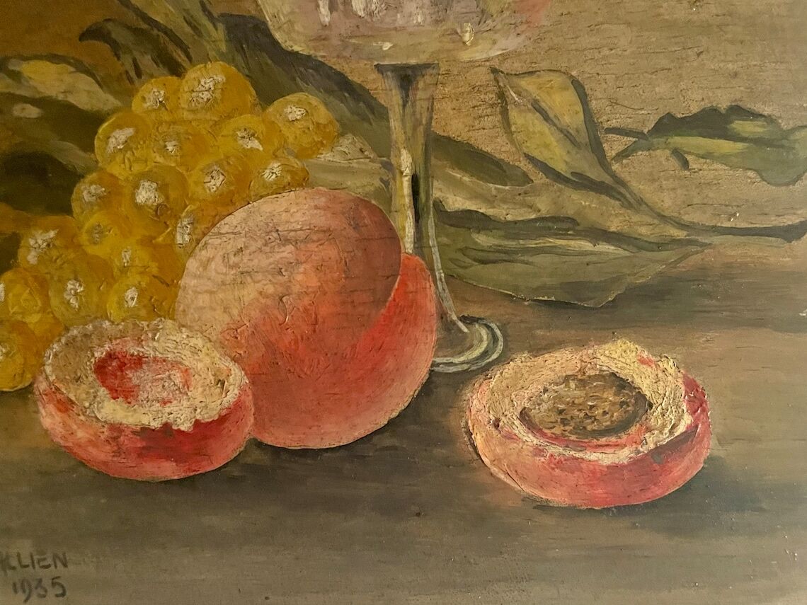 1930s french oil painting on wood, still life with fruits and vegetables