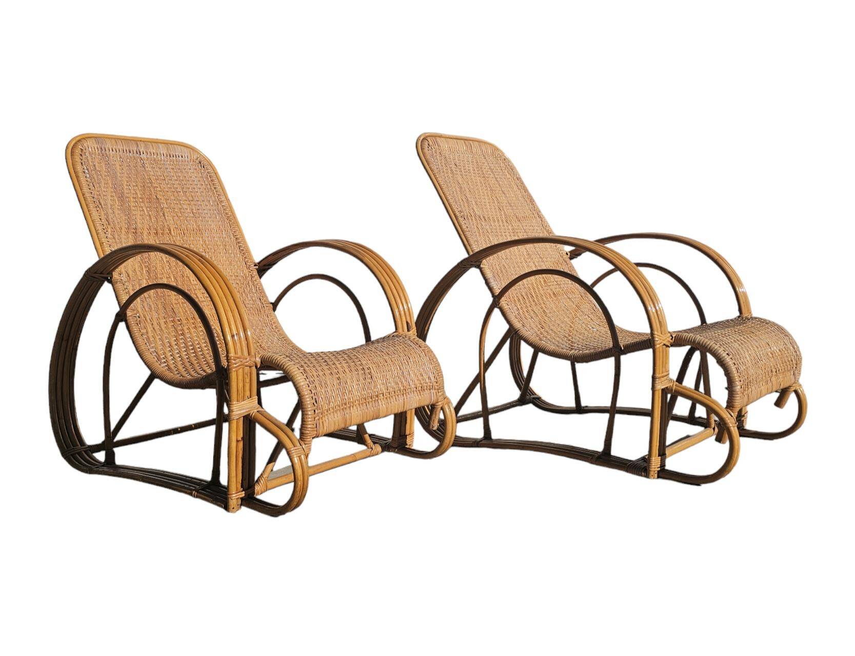 Paire de chaises longues XXL Mid Century Modern en bambou et rotin