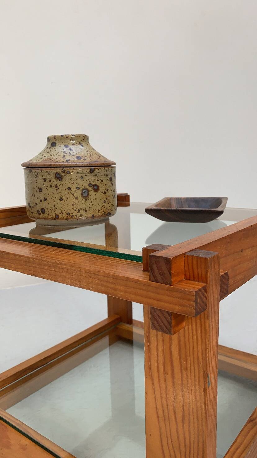 Small glass and pine side table, 1970s