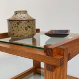 Small glass and pine side table, 1970s