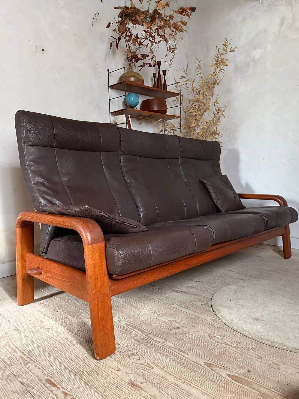Scandinavian 3-seater teak and leather sofa