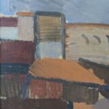 Mid-Century Modern Swedish "City Blocks" Vintage Abstract Oil Painting, Framed