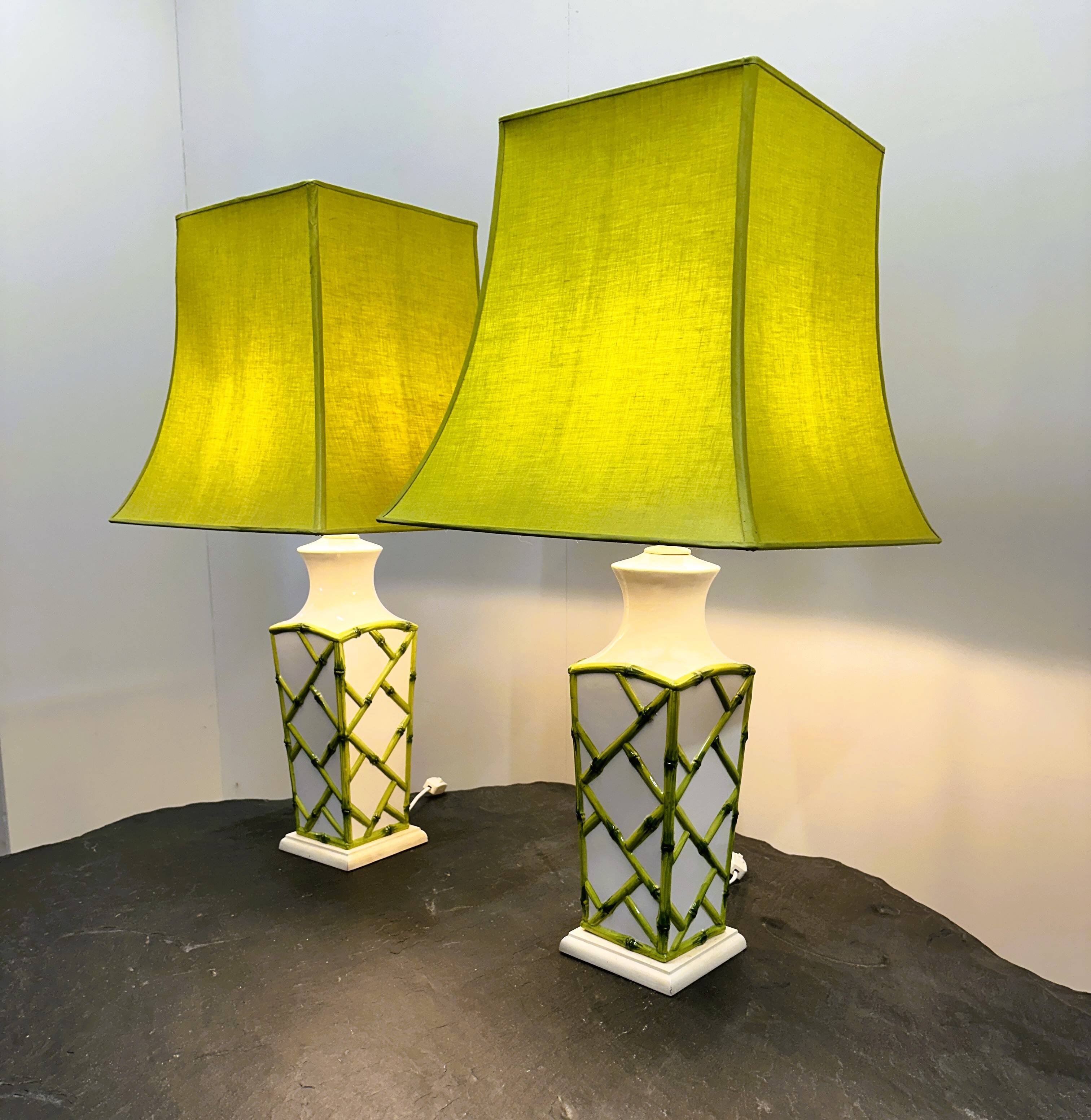 Pair of Faux Bamboo French Ceramic Table Lamps, French 1970s