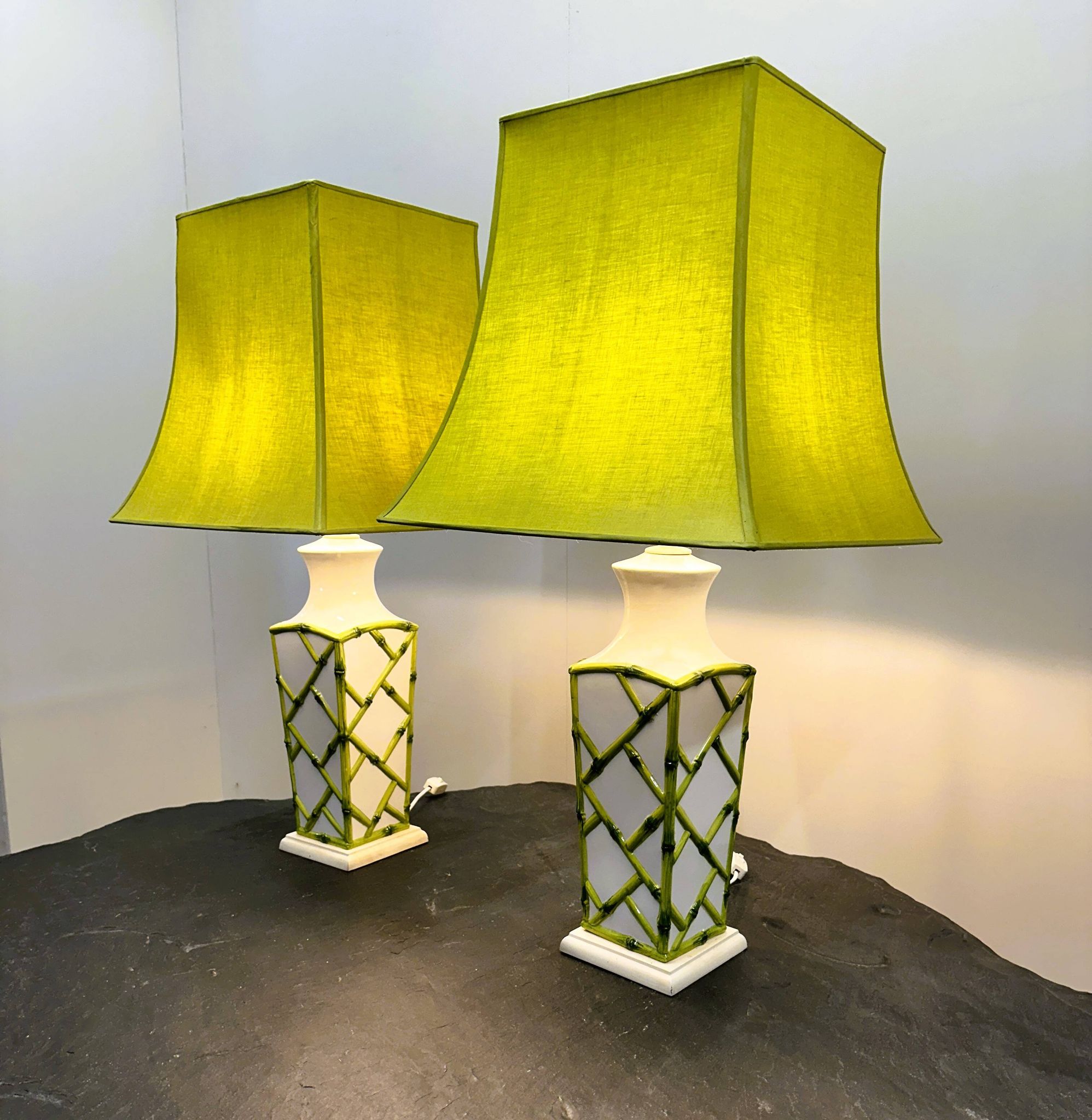Pair of Faux Bamboo French Ceramic Table Lamps, French 1970s
