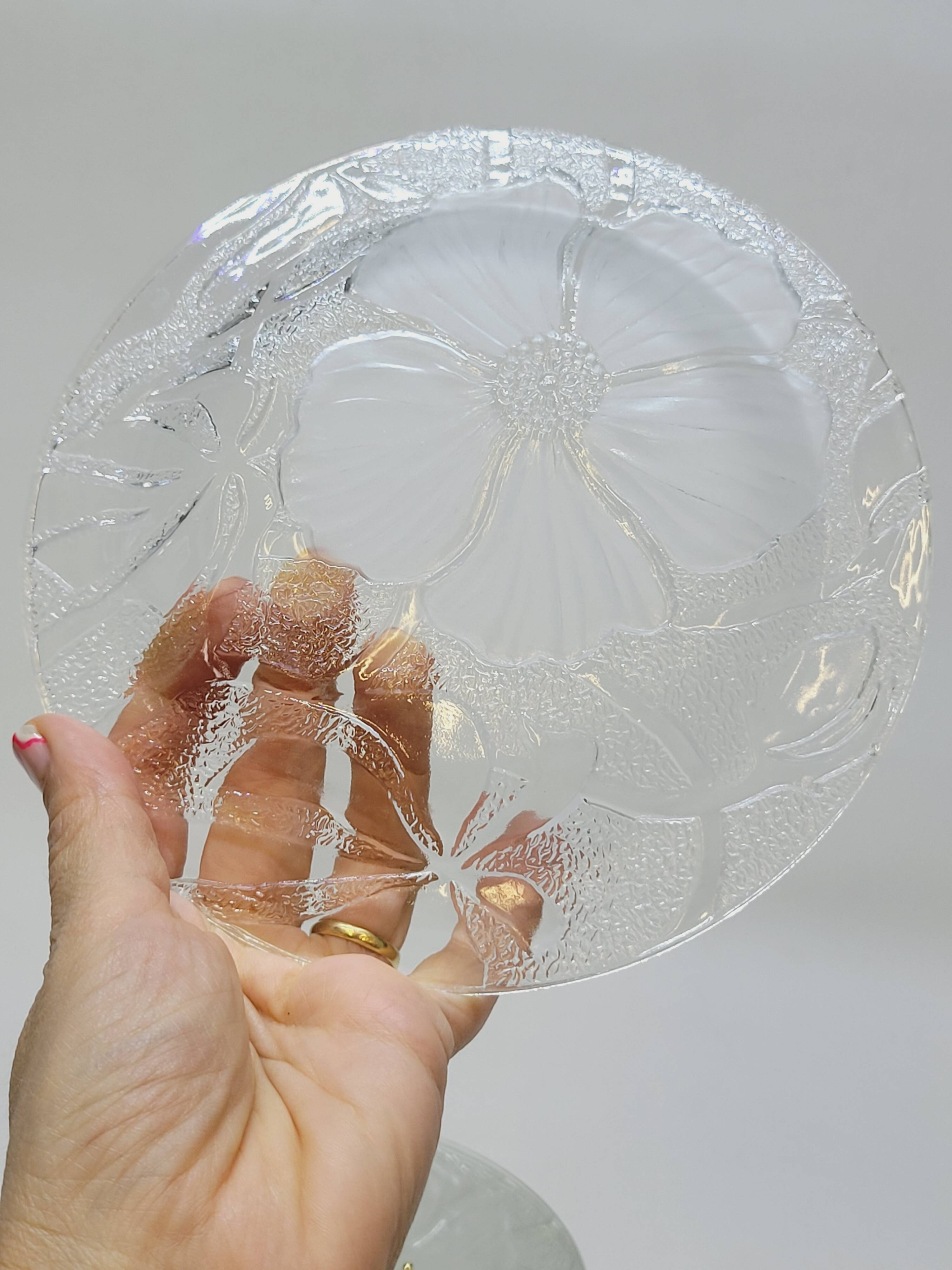 5 Small Transparent Frosted Glass Plates Vintage Floral Decor Kig Indo