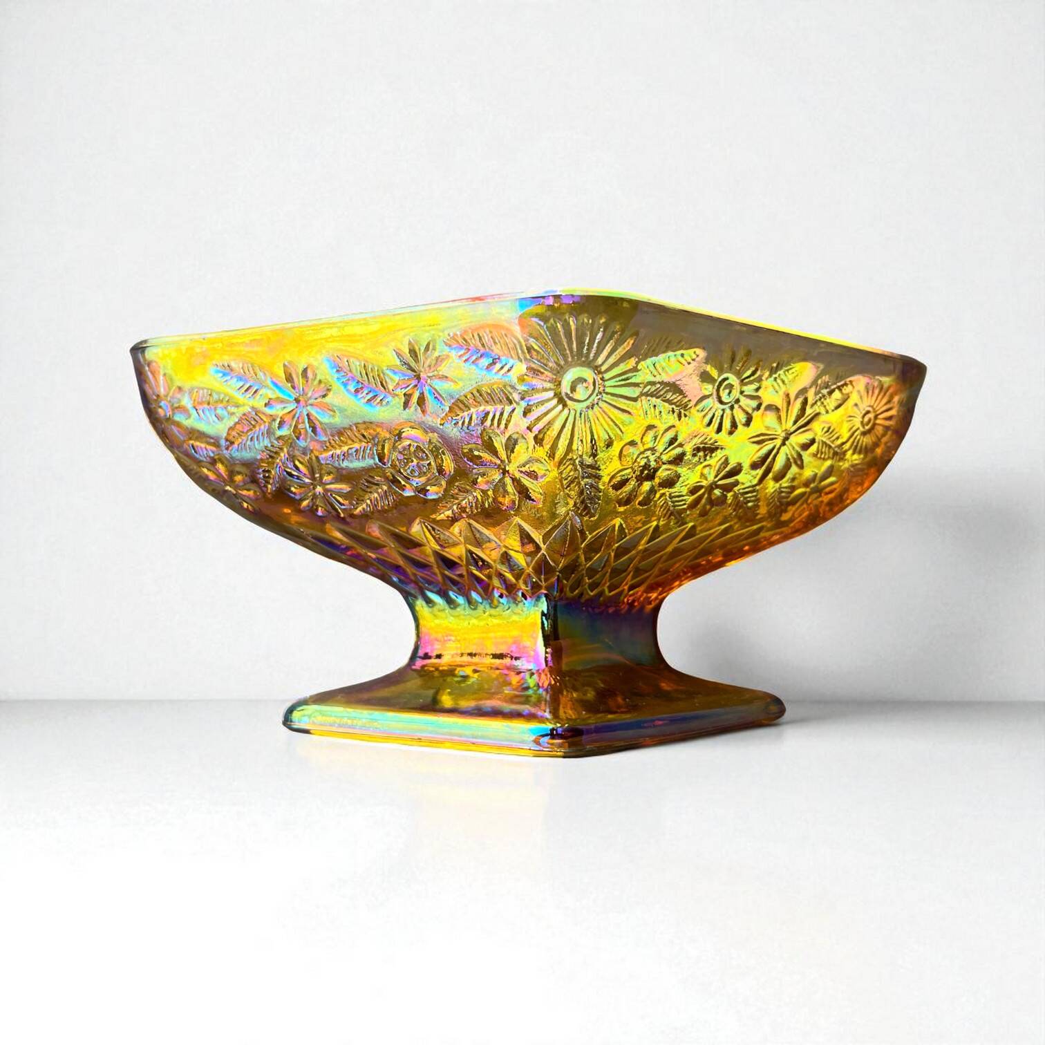 Carnival yellow iridescent glass cup candy dish Indiana Glass 1970s