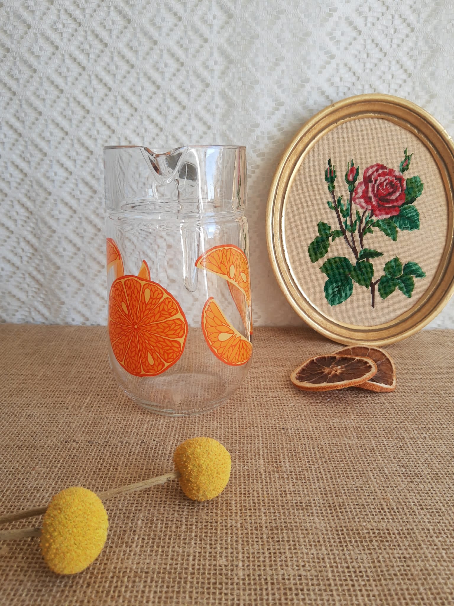 Vintage orange fruit pattern glass carafe