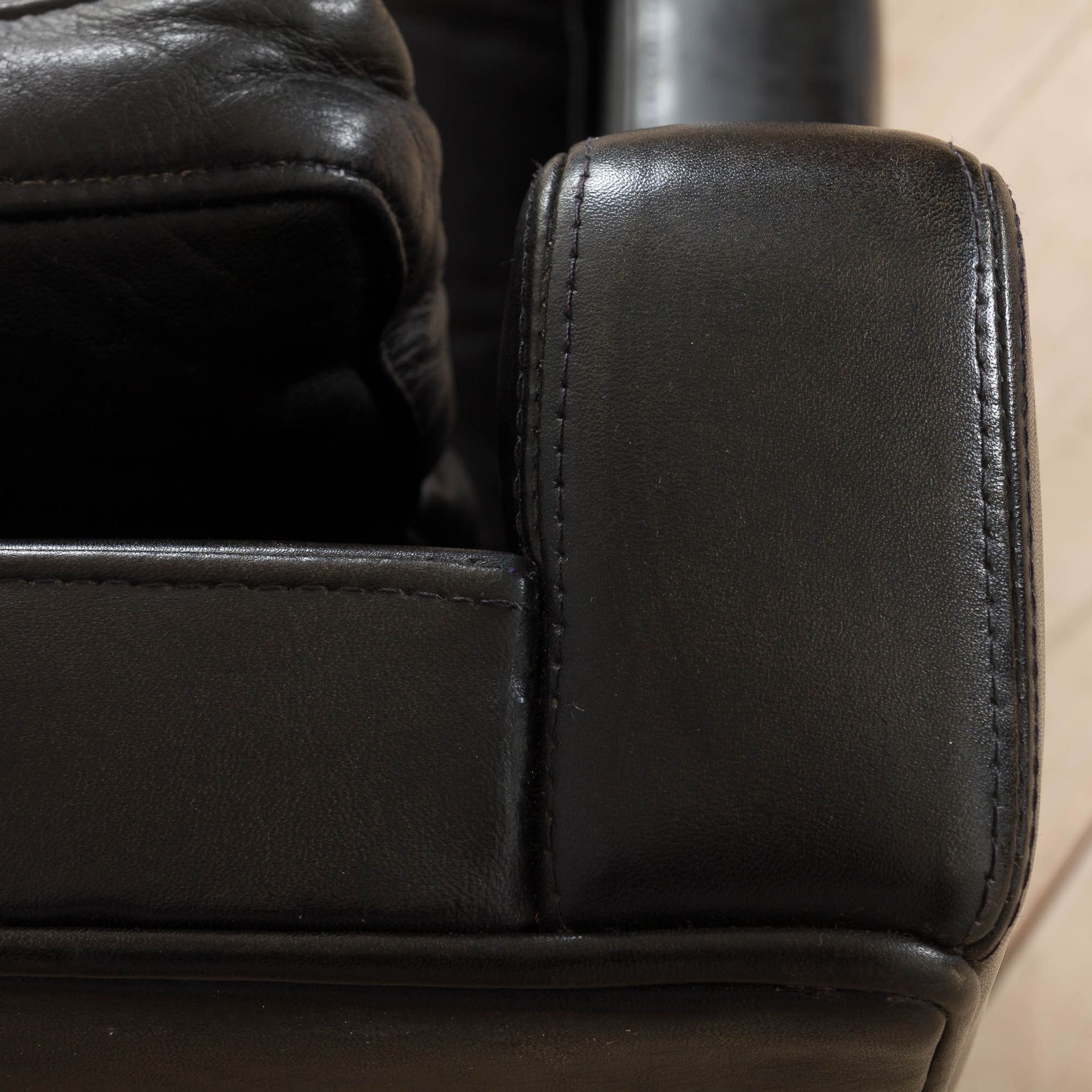 Danish black leather and rosewood sofa