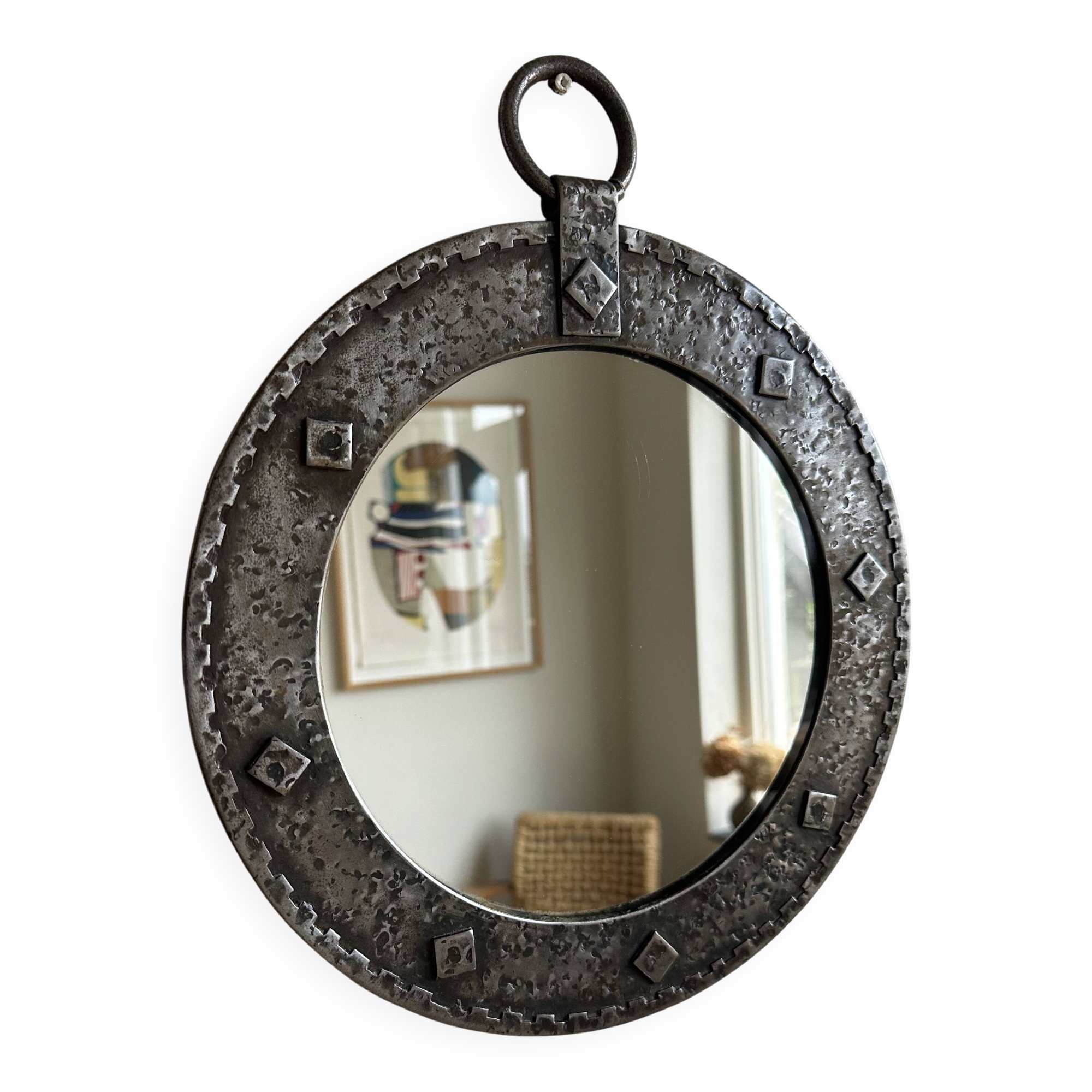 Miroir mural rond brutaliste des années 1950.