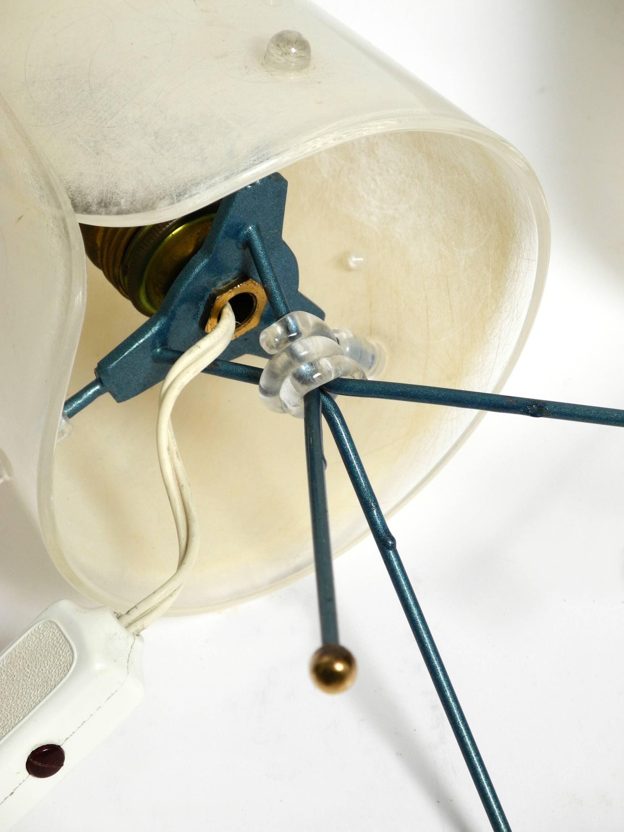 Two very Mid Century Modern tripod table lamps with white plexiglas shades