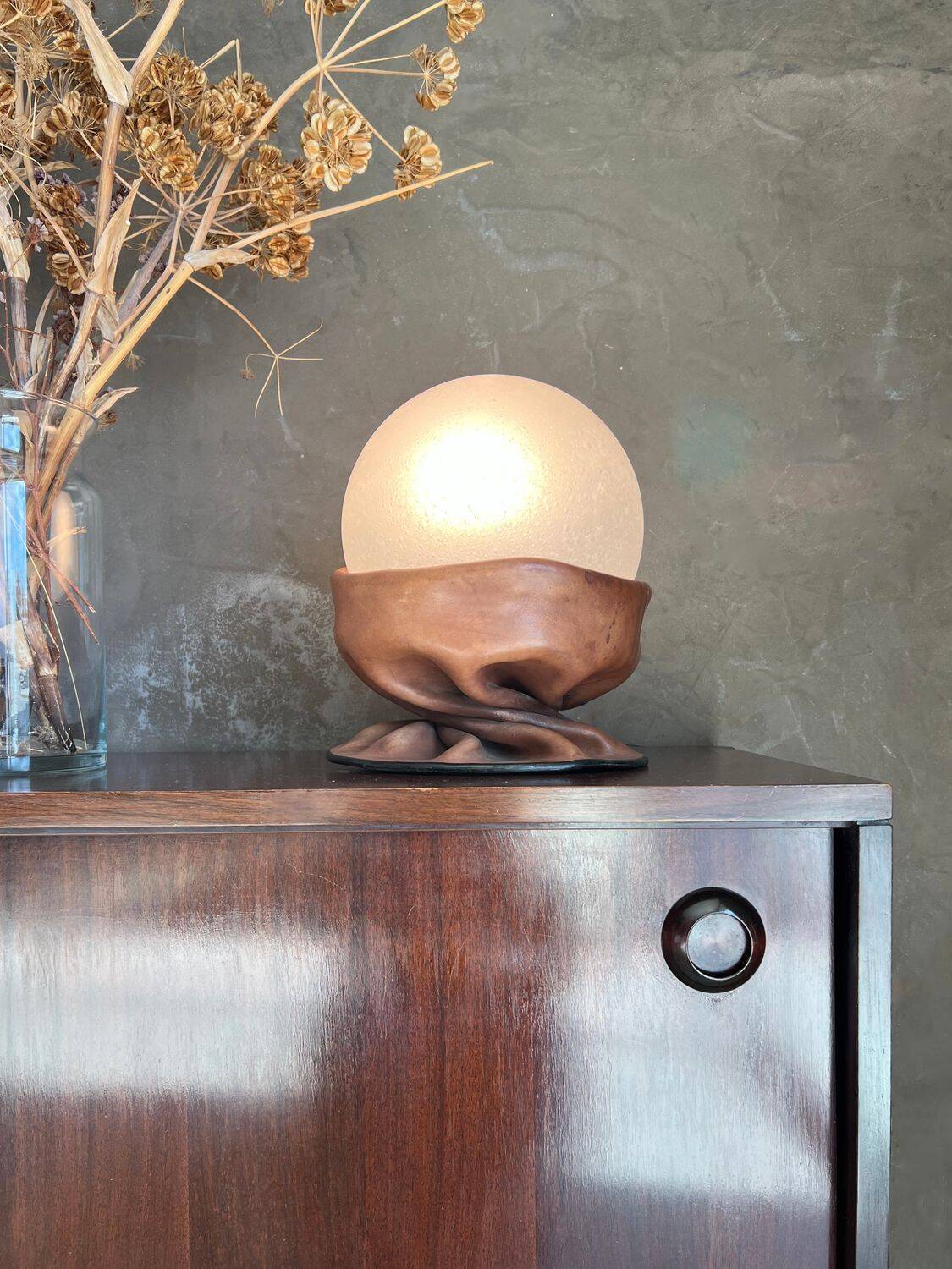Rare Nova Tecno table lamp in leather and frosted glass, Italy, 1970s