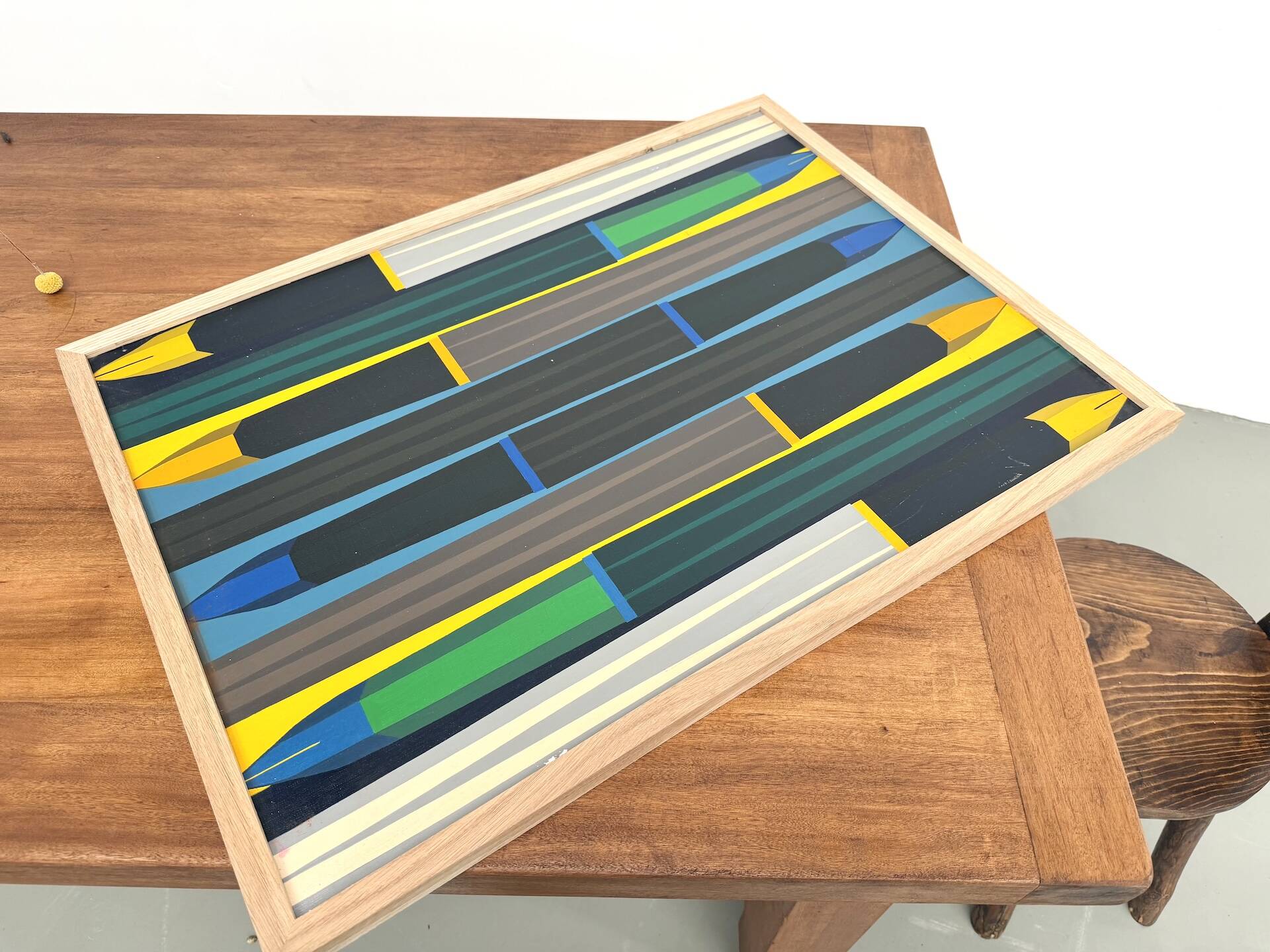 Peinture abstraite géométrique, huile sur toile encadrée chêne, années 1970