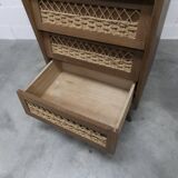 Oak and rattan compass leg chiffonier from the 50s-60s