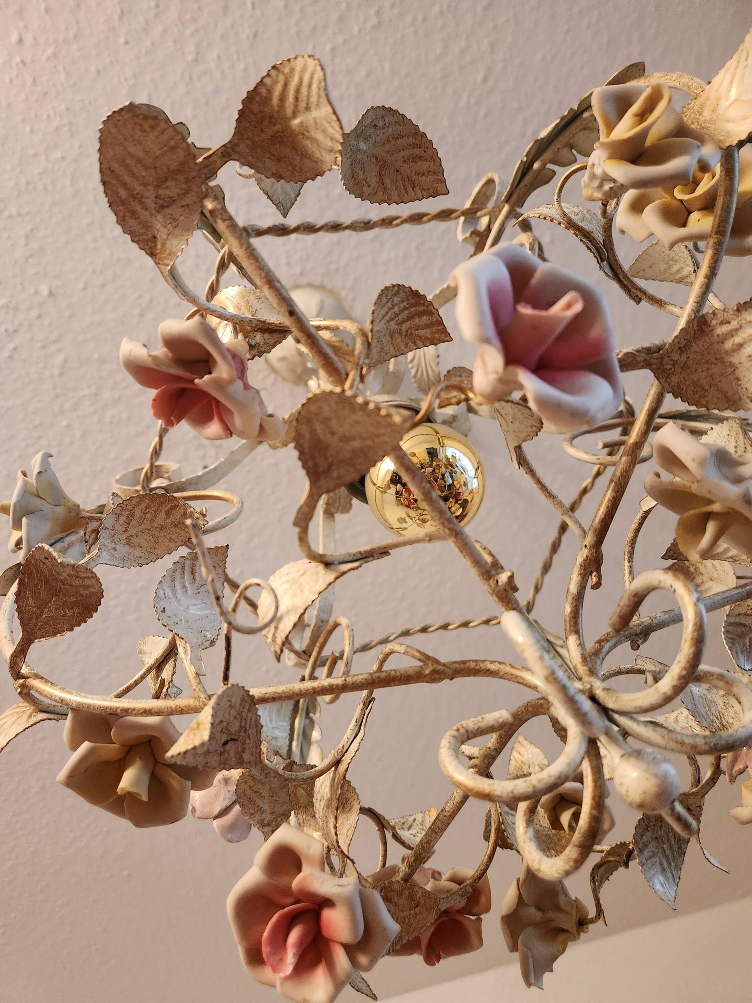 Hand-forged vintage pendant lamp with porcelain roses, Denz Neheim Hüsten