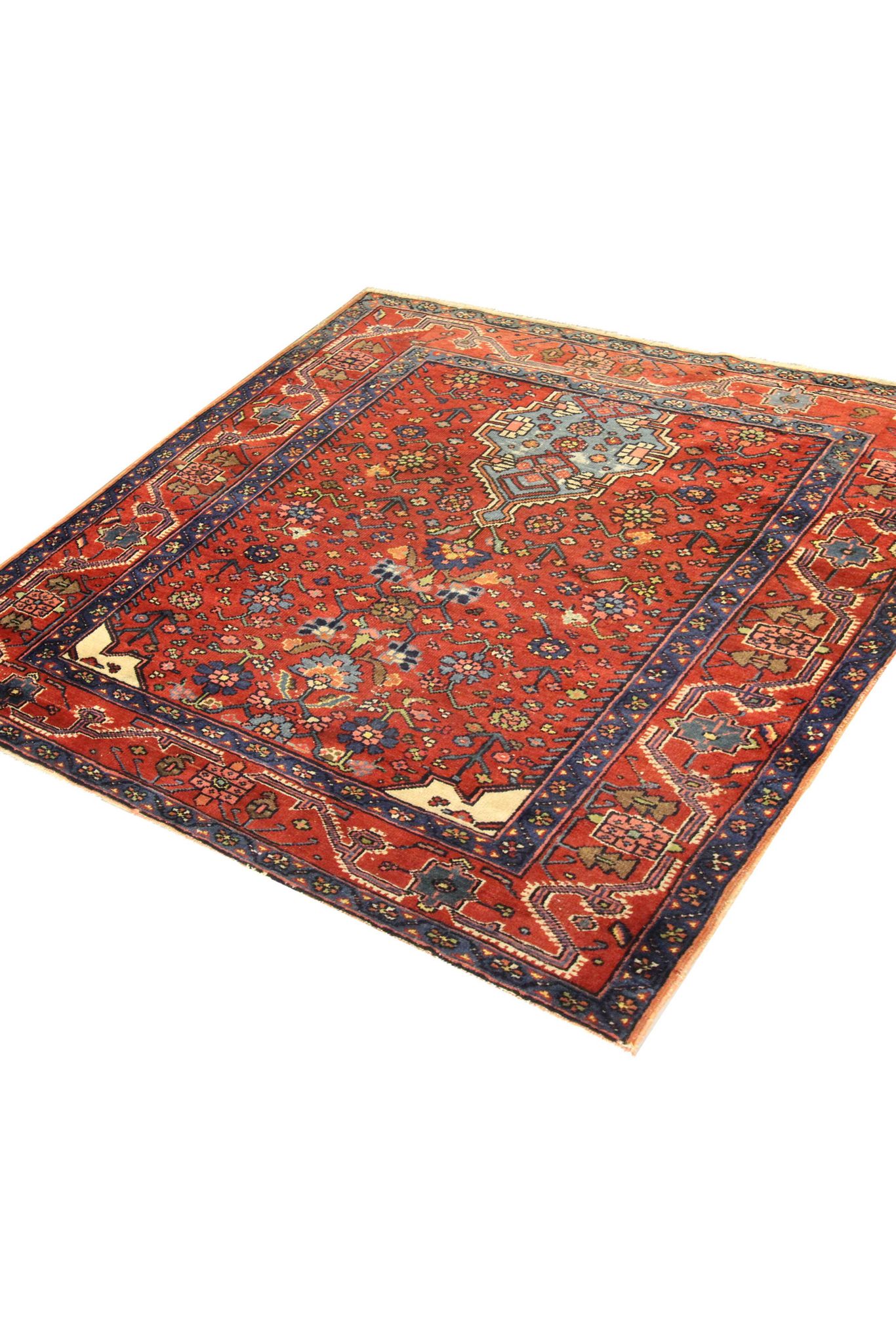Tapis persan traditionnel noué à la main tapis de salon en laine rouge 134x136cm