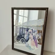 Vintage 1960s mirror - Retro "Belle Époque" scene - Wooden frame