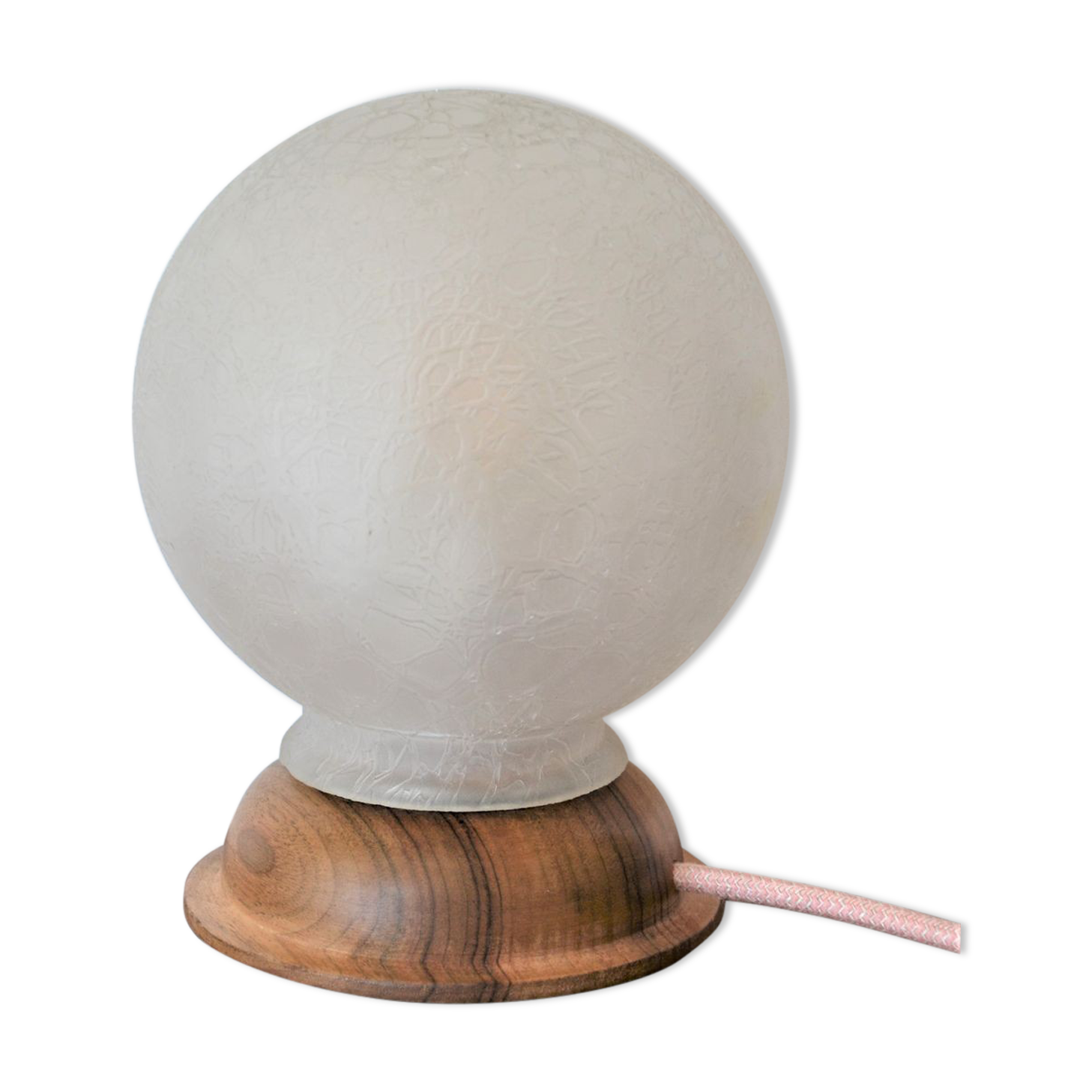 White glass globe table lamp with geometric reliefs