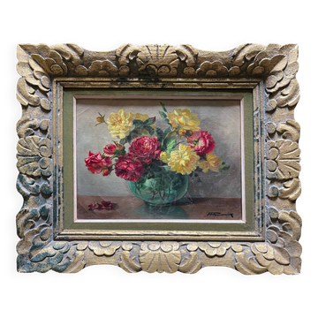 Tableau HST "Bouquet of Flowers" signed F.F. Fauconnier (19th-20th century) + frame
