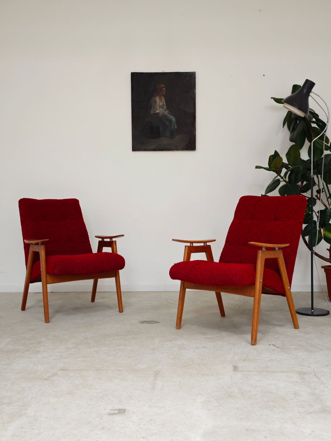 Pair of red armchairs by Jaroslav Smidek for Ton (Thonet) 60s
